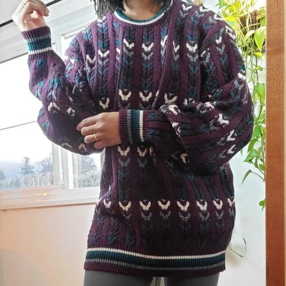VINTAGE | Jantzen Crewneck Multicolour Cable Knit Pullover Sweater (Size L) - Picture 3 of 13